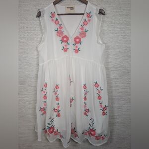 Savanna Jane White Chiffon Embroidered Sleeveless Knee Length Dress Pink Floral